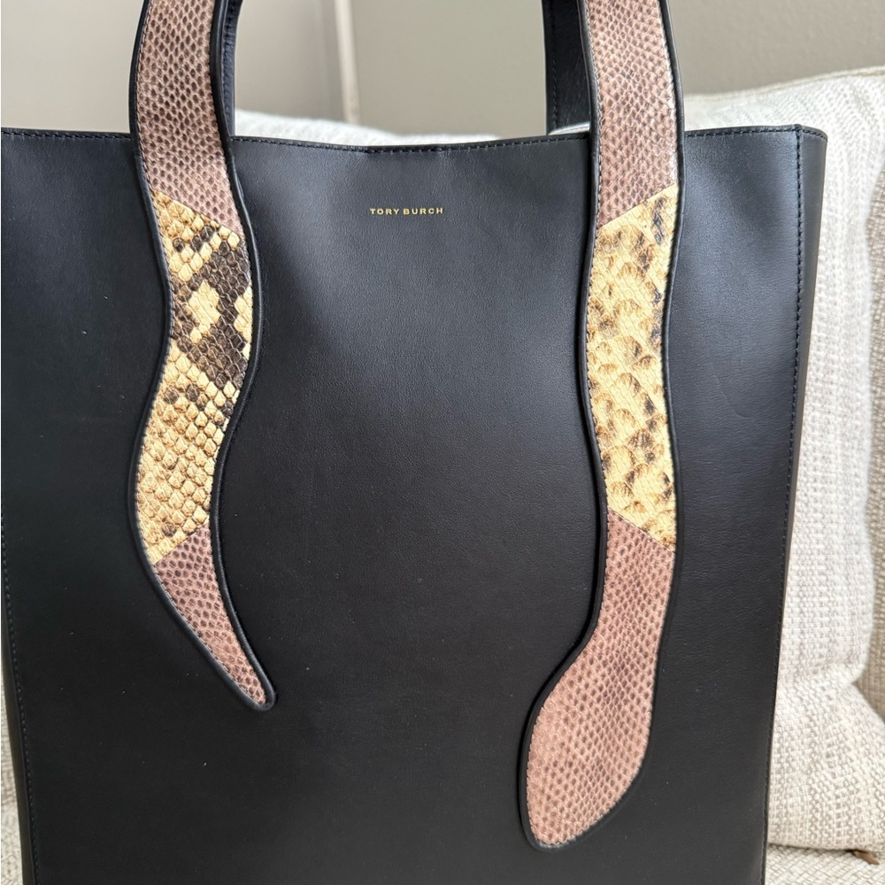 Tory Burch Black and Snake Print Tote - Picture 2 of 10